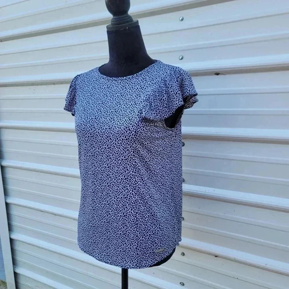 Michael Kors Womens Ruffle Cap Sleeve Blouse Stretch Black White Keyhole sz S - Picture 6 of 10